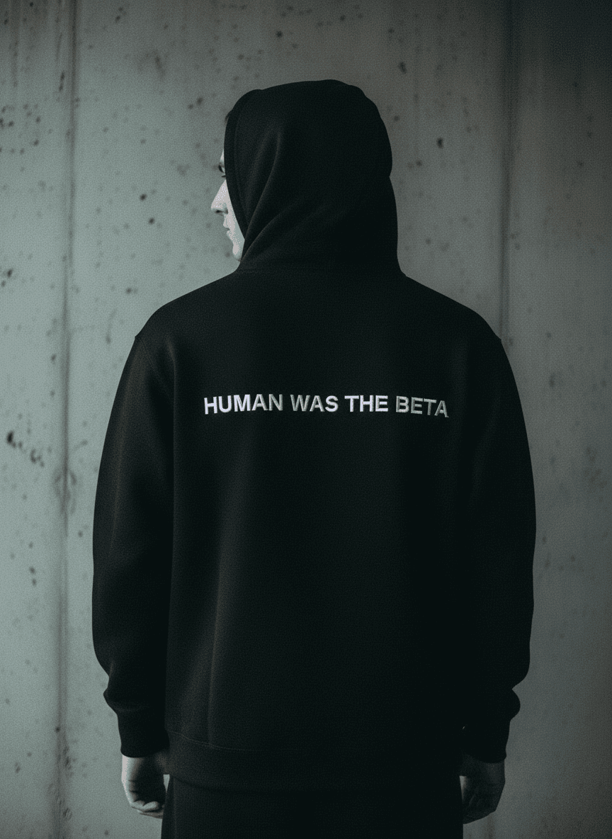 MODEL v1 hoodie, back. HUMAN WAS THE BETA embroidered across the shoulders.